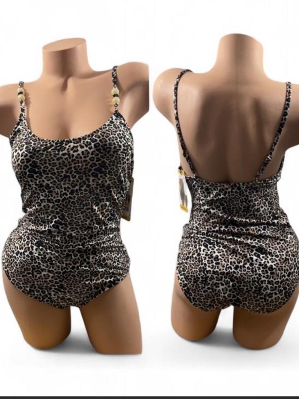 Betsey Johnson Leopard Animal Print Scoop Neck Swimsuit One Piece Black Brown M
